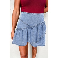 Beau Blue Asymmetric Ruffle Overlay Denim Mini Skirt - L