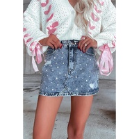 Dusk Blue Rhinestone Distressed Denim High Waist Mini Skirt - XL