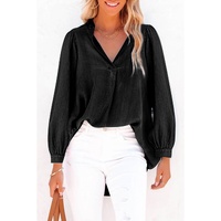 Black Split V-Neck Balloon Sleeve Ruched Denim Top - L