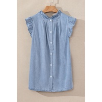 Beau Blue Frilly Pleated Button Back Retro Chambray Top - XL