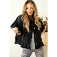 Black Raw Edge Ruffled Short Sleeve Denim Jacket - XL