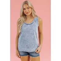 Beau Blue Mineral Wash Denim Frayed U Neck Sleeveless Top - 2XL