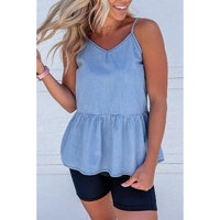 Sky Blue Casual Ruffled Spaghetti Straps Denim Tank Top - L