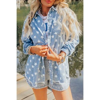 Sky Blue Star Print Light Wash Raw Hem Denim Jacket - S