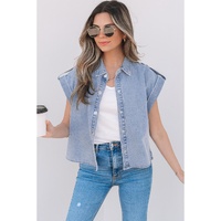Dusk Blue Denim Pinup Folded Cap Sleeve Shirt - XL