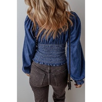 Dark Blue Smocked Ruffled Puff Sleeve V Neck Denim Blouse - XL
