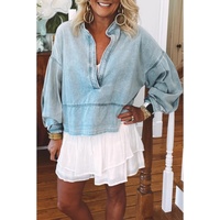 Beau Blue Light Wash Exposed Stitching Raw Hem V Neck Denim Top - L