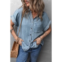 Dusk Blue Folded Short Sleeve Patched Pocket Denim Shirt - M