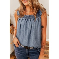 Ashleigh Blue Ruffled Shirred Neckline Sleeveless Denim Tank Top - L