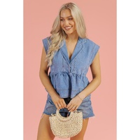 Dusk Blue Lapel Denim Babydoll Top - L