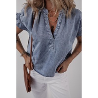 Dusk Blue V Neck Ruffled Short Puff Sleeve Denim Top - M