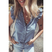 Beau Blue Frilly Ruffle Trim V Neck Chambray Tank Top - L