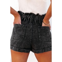 Black Vintage Washed Frilled High Waist Denim Shorts - 16 US