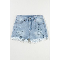 Light Blue Distressed Ripped Raw Hem High Waist Denim Shorts - 16 US