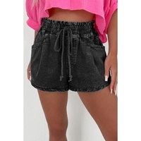 Black Drawstring High Waist Casual Denim Shorts with Pockets - 6 US
