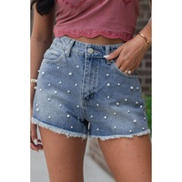 Dusk Blue Pearl Beaded Raw Hem Medium Wash Denim Shorts - 6 US