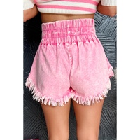 Pink Washed Wide Smocked Waistband Frayed Denim Shorts - 14 US