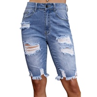 Sky Blue Ripped Tassel Bermuda Denim Shorts - M