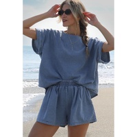 Light Blue Denim Cuffed Sleeve Tee Elastic Shorts Set - XL