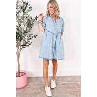 Beau Blue Mineral Wash Ruffled Short Sleeve Buttoned Denim Dress - L