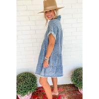 Sky Blue Acid Wash V Neck Tiered Denim Dress - L
