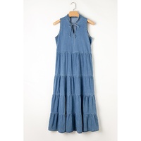 Blue Sleeveless Tiered Chambray Maxi Dress - M