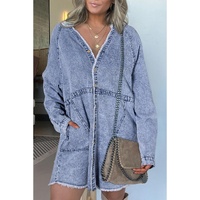 Beau Blue Mineral Wash Long Sleeve Button Up Raw Hem Pocketed Denim Dress - L