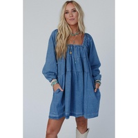 Dusk Blue Square Neck Side Pockets Loose Fit Denim Mini Dress - M