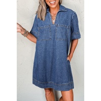 Blue Short Sleeve Collared Patched Pocket Denim Mini Dress - M
