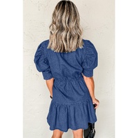 Blue Drawstring High Waist Puff Sleeve Denim Mini Dress - XL