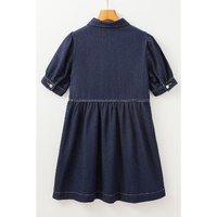 Dirty blue Zipped up Bodice Collared Short Puff Sleeve Denim Dress - M