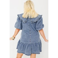 Dusk Blue Ruffled Collared Side Pockets Puff Sleeve Denim Mini Dress - M