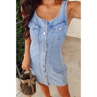 Beau Blue Light Wash Denim Buttoned Front Chest Pockets Sleeveless Slim Mini Dress - L