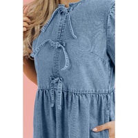 Dusk Blue Bowknot Bubble Sleeve Short Denim Dress - XL