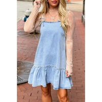 Beau Blue Bow Detail Spaghetti Straps Ruffle Hem Denim Short Dress - XL