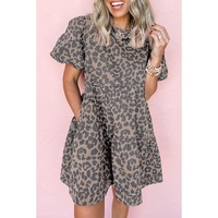 Brown Denim Leopard Printed Short Puff Sleeve Mini Dress - M