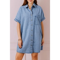 Dusk Blue Short Sleeve Pocketed Button up Denim Tunic Dress - XL