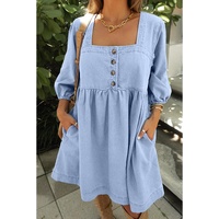 Beau Blue Denim Button Detail Babydoll Square Neck Mini Dress - L