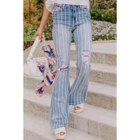 Azura Exchange Vertical Striped Ripped Flare Jeans - 10 US