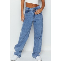 Blue Mid Rise Asymmetrical Waist Wide Leg Jeans - 16 US
