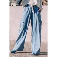 Sky Blue Drawstring High Waist Cargo Pocket Wide Leg Jeans - L