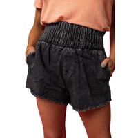 Black Smocked High Waist Mineral Washed Jean Shorts - 8 US