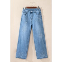 Light Blue Floral Rhinestone Decor High Rise Wide Leg Jeans - 6 US