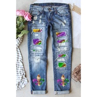 Sky Blue Shiny Mardi Gras Fleur-de-lis Patch Distressed Jeans - 18 US
