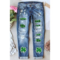 Sky Blue Glitter Clover Patch Plaid Insert Distressed Jeans - 4 US