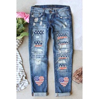 Sky Blue Heart-shape American Flag Patch Frayed Jeans - 8 US