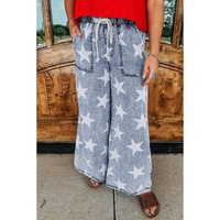 Light Blue Star Print Light Wash Drawstring High Waist Wide Leg Jeans - 6 US