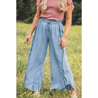 Myosotis Light Wash Raw Hem Ruffled Wide Leg Jeans - 10 US
