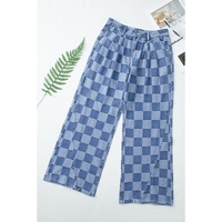 Dusk Blue Checkered Denim Wide Leg Jeans - 4 US