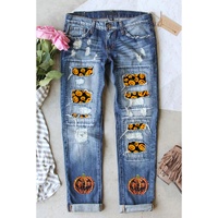 Sky Blue Halloween Pumpkin Patchwork Distressed Straight Leg Jeans - 18 US